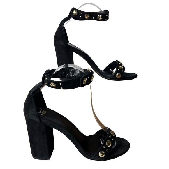 Maje Womens Studded Suede Black‎ Gold Block Heels Sandals Size EU 39 US 8.5- 9 - Picture 1 of 14